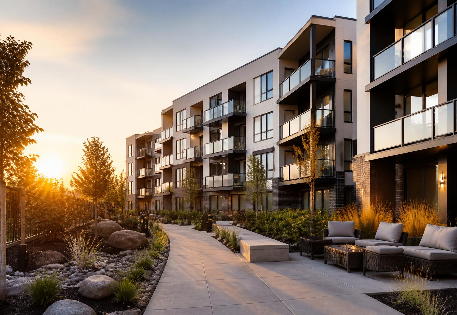 Modern multifamily apartment community exterior at golden hour